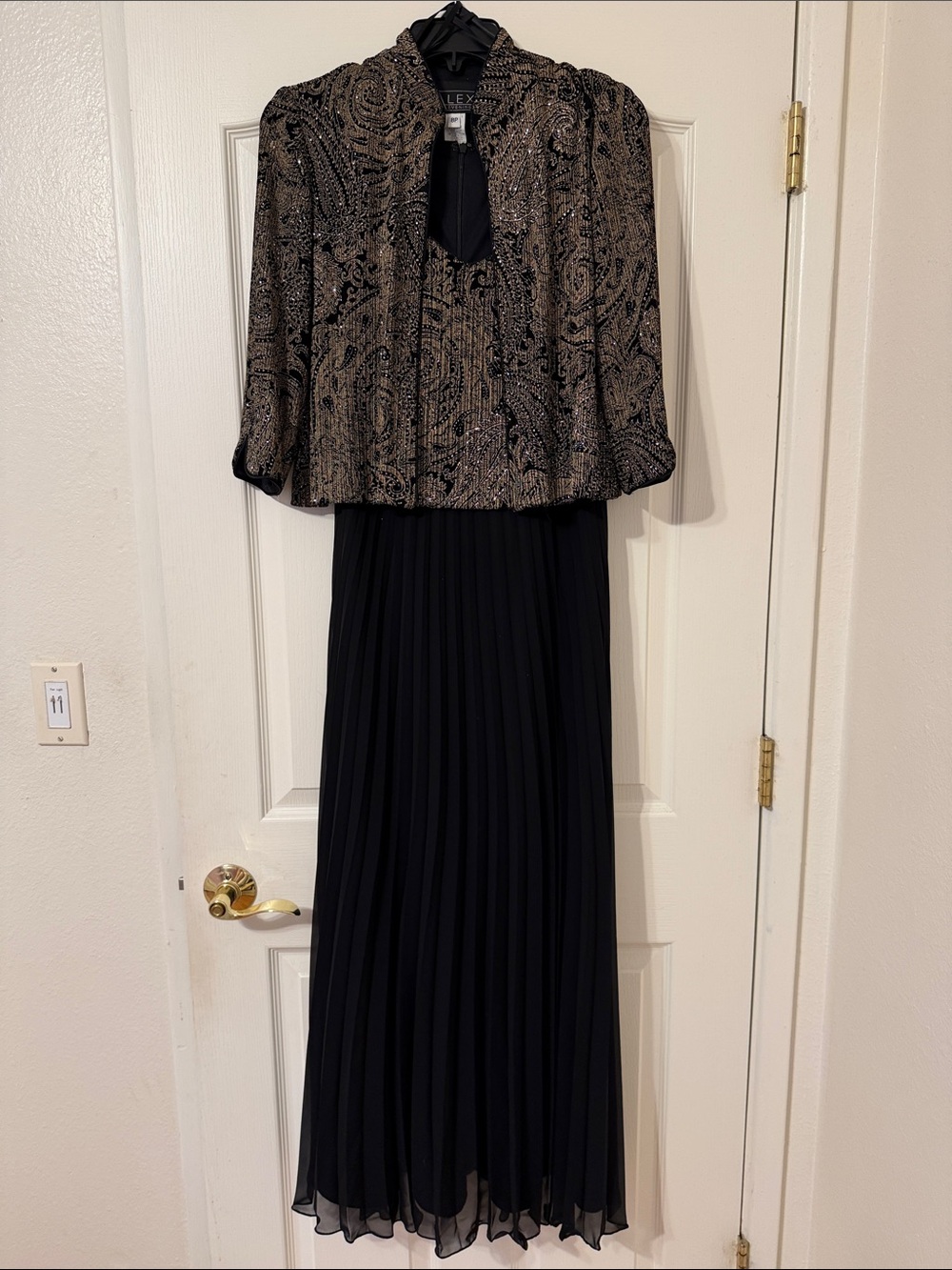 Alex Evenings Black Pleated Maxi Skirt with Metallic Paisley Jacket
